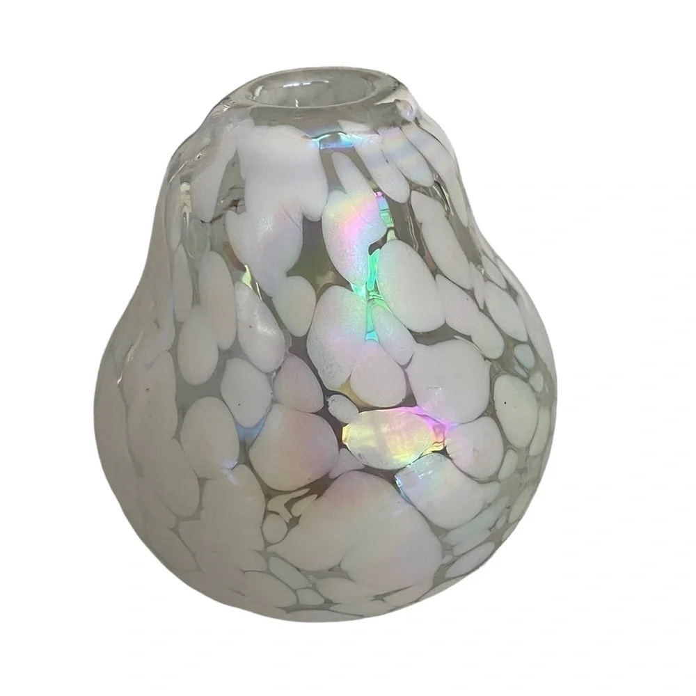 Blown Art Deco Small Glass Bud Vase Iridescent Pearl White and Clear